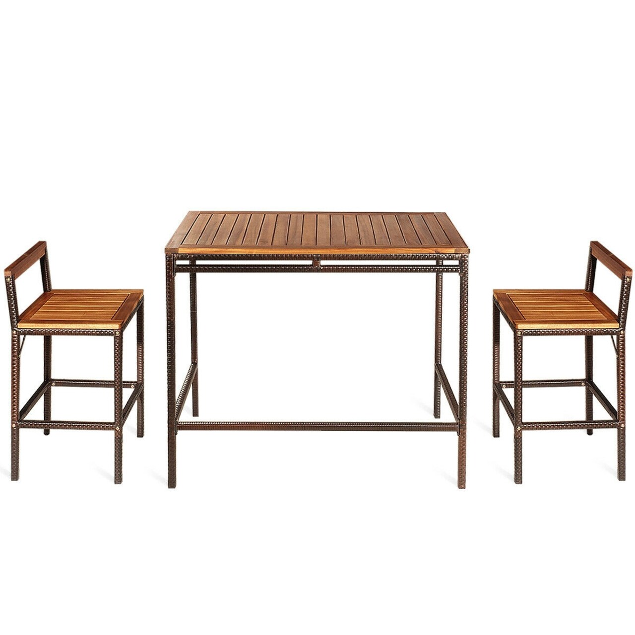3-Piece Bar Table and Chairs Set Acacia Wood Rattan Steel Frame Outdoor Garden Balcony